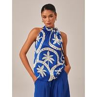 Geometric Print Sleeveless Top with Ruffle Tie Neck