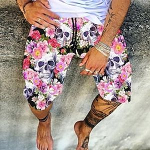 Men's Summer Shorts Baggy Shorts Beach Shorts Print Graphic Skull Flower / Floral Lightweight Sports Knee Length Casual Holiday Shorts Athleisure Pink Micro-elastic miniinthebox