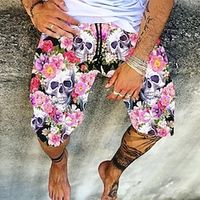 Men's Summer Shorts Baggy Shorts Beach Shorts Print Graphic Skull Flower / Floral Lightweight Sports Knee Length Casual Holiday Shorts Athleisure Pink Micro-elastic miniinthebox - thumbnail