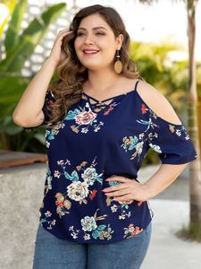 Plus Size Navy Criss-cross Floral Print Cold Shoulder Blouse