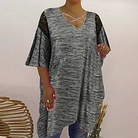 Women's Plus Size Tops T shirt Tee Color Block Lace Half Sleeve V Neck Casual Daily Vacation Cotton Spandex Jersey Fall Winter Blue Gray Lightinthebox - thumbnail