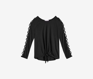 Girls Cage-Sleeve Front-Tie Top  Black