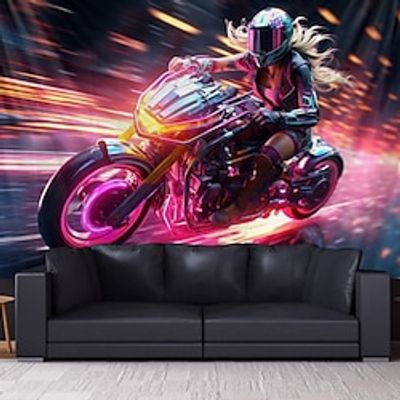 Motocycle Woman Blacklight Tapestry UV Reactive Glow in the Dark Trippy Misty Hanging Tapestry Wall Art Mural for Living Room Bedroom Lightinthebox