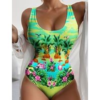 Women's Swimwear One Piece Normal Swimsuit Printing Floral Light Green Blue Purple Green Bodysuit Bathing Suits Sports Beach Wear Holiday Lightinthebox - thumbnail