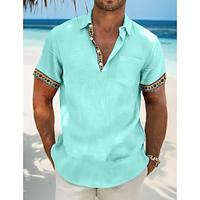 Men's Shirt Linen Shirt Summer Shirt Beach Shirt Summer Hawaiian Shirt White Light Green Beige Short Sleeve Solid Color Fold-over Collar Spring Summer Street Daily Clothing Apparel Patchwork Lightinthebox