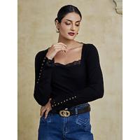 Cotton Lace Square Neck Long Sleeve T-shirt - thumbnail