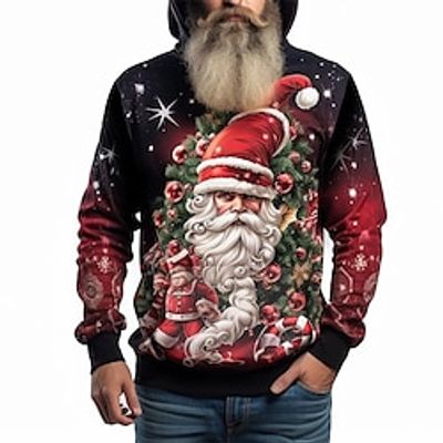 Graphic Santa Claus Fashion Daily Basic Men's 3D Print Hoodie Pullover Christmas Sports Outdoor Holiday Hoodies Black Red Drak Red Hooded Front Pocket Print Spring   Fall Designer Lightinthebox