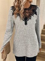 Women's Casual Hollow Lace Spliced Knitted Long Sleeve Top