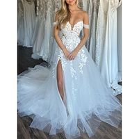 Beach Formal Wedding Dresses A-Line Off Shoulder Sleeveless Court Train Lace Bridal Gowns With Pleats Split Front 2023 Lightinthebox - thumbnail
