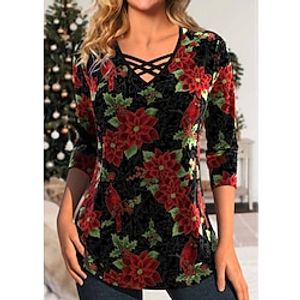 Women's T shirt Tee Velvet Black Floral Print Long Sleeve Holiday Weekend Fashion V Neck Regular Fit Floral Painting Spring   Fall Lightinthebox