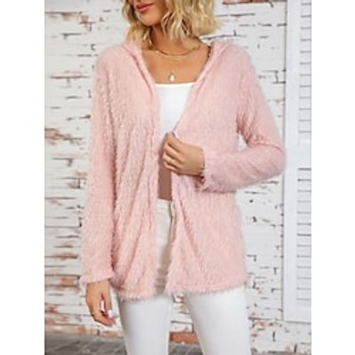 Women's Winter Coat Fleece Teddy Coat Lightweight Hooded Fuzzy Jacket Open Front Casual Daily Wear Fall Winter Loose Fit Plush Clean Fit Jacket Long Sleeve Knit Pink Lightinthebox