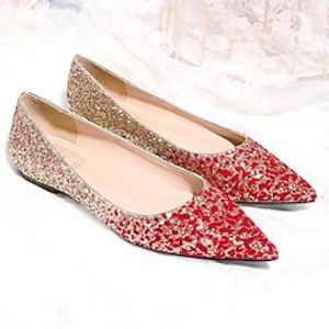 Women's Flats Wedding Daily Dress Shoes Glitter Crystal Sequined Jeweled Plus Size Flat Heel Pointed Toe Classic Minimalism Synthetics Loafer Color Block Light Red Lightinthebox