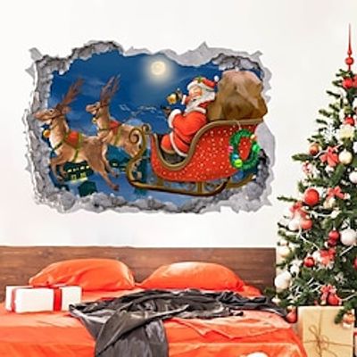 3D Christmas Wall Decals Santa Claus Wall Stickers Christmas Break Through The Wall Vinyl Stickers Santa Claus Carrying Gifts Wall Mural Decals Removable Home Decor for Kids Room Living Room miniinthebox