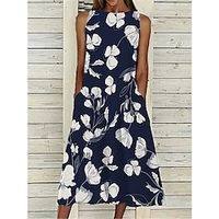 Women's Casual Dress Tank Dress Summer Dress Floral Pocket Print Crew Neck Midi Dress Active Fashion Outdoor Daily Sleeveless Loose Fit Navy Blue Summer Spring S M L XL XXL Lightinthebox - thumbnail