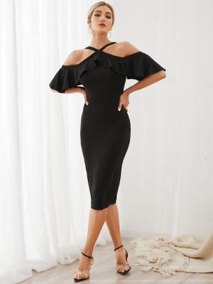 Black Halter Cold Shoulder Flounced Short Sleeves Slit hem Dress Black Halter Cold Shoulder Flounced Short Sleeves Slit hem Dress
