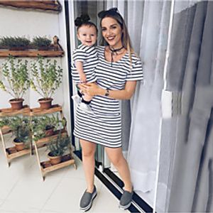 Mommy and Me Dresses Striped Black Short Sleeve Above Knee Daily Matching Outfits miniinthebox