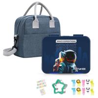 Eazy Kids 4 & 6 Convertible Bento Lunch Box With Lunch Bag And Sandwich Cutter Set - Space Uae Blue