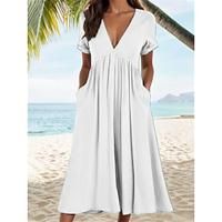 Women's Linen Dress Cotton Summer Dress White Cotton Dress Maxi Dress Pocket Daily V Neck Short Sleeve Summer Spring White Blue Plain Lightinthebox