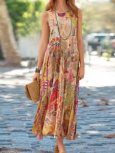 Sleeveless Printed Round Neck Casual Maxi Dress