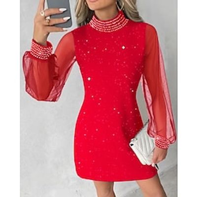 Women's Bodycon Galaxy Lace Patchwork Crew Neck Puff Sleeve Mini Dress Red Valentines Dress Elegant Valentine's Day Work Long Sleeve Regular Fit Black Red Fall S M L XL XXL Lightinthebox