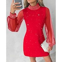 Women's Bodycon Galaxy Lace Patchwork Crew Neck Puff Sleeve Mini Dress Red Valentines Dress Elegant Valentine's Day Work Long Sleeve Regular Fit Black Red Fall S M L XL XXL Lightinthebox - thumbnail