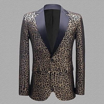 Men's Blazer Wedding Party  Evening Fall Winter Regular Coat Regular Fit Thermal Warm Casual Jacket Long Sleeve Leopard Pocket Champagne Gold Lightinthebox