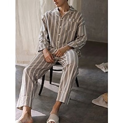 Men's Loungewear Sleepwear Pajama Set Pajama Top and Pant 2 Pieces Stripe Stylish Casual Comfort Home Daily Bed Polyester Comfort Soft Lapel Long Sleeve Shirt Pant Drawstring Elastic Waist Spring Fall Lightinthebox
