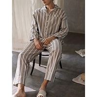 Men's Loungewear Sleepwear Pajama Set Pajama Top and Pant 2 Pieces Stripe Stylish Casual Comfort Home Daily Bed Polyester Comfort Soft Lapel Long Sleeve Shirt Pant Drawstring Elastic Waist Spring Fall Lightinthebox - thumbnail