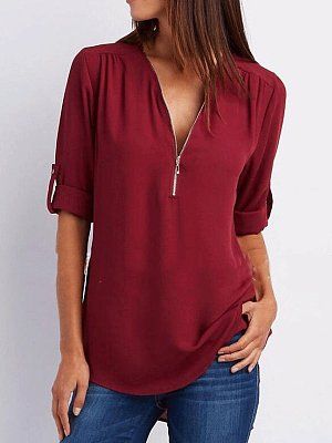 Spring Summer Polyester Women V-Neck Zips Plain Roll-Up Sleeve Long Sleeve Blouses