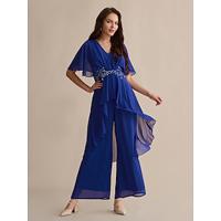 Royal Blue Chiffon Wedding Guest Sequin Embroidered Flare Cuff Sleeve V Neck Mother of the Bride Jumpsuitdress to impress 2024