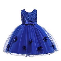 Kids Little Girls' Dress Jacquard Solid Colored Flower Tulle Dress Party Birthday Beaded Mesh Print Blue Above Knee Short Sleeve Princess Sweet Dresses Fall Winter Slim 3-10 Years miniinthebox - thumbnail