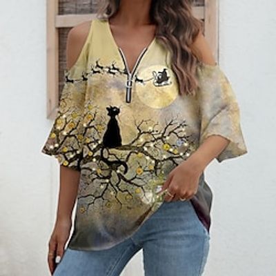 Christmas Shirt Women's Designer Shirt Blouse Tree Cat Yellow Blue Green Print Cut Out Quarter Zip Half Sleeve Christmas Casual Festival  Holiday V Neck Regular Fit Cold Shoulder Spring  Summer Lightinthebox