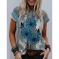 Women's Floral Theme Dandelion Painting T shirt Graphic Dandelion Print Round Neck Basic Tops Blue Red Lightinthebox - thumbnail