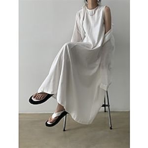 Women's Casual Dress Cotton Linen Dress White Dress Maxi long Dress Linen Cotton Blend Basic Modern Daily Weekend Crew Neck Pocket Sleeveless Summer Spring 2023 Loose Fit Black White Navy Blue Plain Lightinthebox