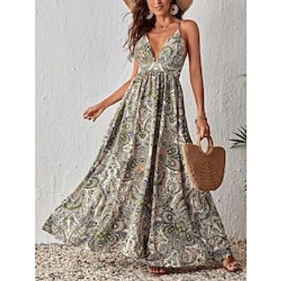 Women's Long Dress Maxi Dress Casual Dress Swing Dress Summer Dress Floral Paisley Tribal Fashion Bohemian Outdoor Daily Holiday Backless Print Sleeveless Strap Dress Regular Fit Green Summer Spring Lightinthebox