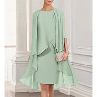 Two Piece Sheath / Column Mother of the Bride Dress Elegant Jewel Neck Knee Length Chiffon Half Sleeve Wrap Included with Ruching 2024 Lightinthebox