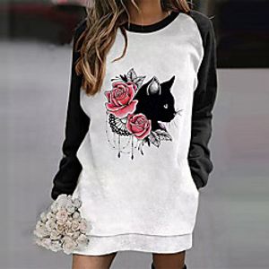 Women's Shift Dress Short Mini Dress Yellow Black Red Long Sleeve Floral Cat Animal Pocket Print Fall Round Neck Casual 2021 S M L XL XXL 3XL Lightinthebox