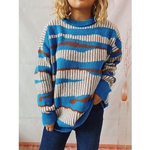 Women's Pullover Sweater Jumper Crew Neck Chunky Knit Polyester Knitted Spring Fall Winter Regular Home Work Daily Daily Stylish Casual Long Sleeve Striped Black Blue S M L miniinthebox