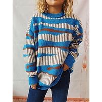 Women's Pullover Sweater Jumper Crew Neck Chunky Knit Polyester Knitted Spring Fall Winter Regular Home Work Daily Daily Stylish Casual Long Sleeve Striped Black Blue S M L miniinthebox - thumbnail