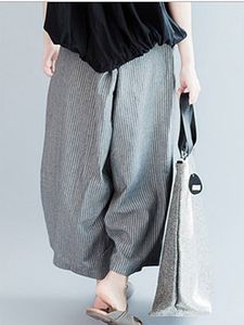 Women's cotton and linen striped micro-linen 9-point pants