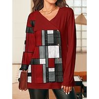 Women's T shirt Tee Plaid Wine Blue Purple Print Patchwork Button Long Sleeve Daily Weekend Fashion V Neck Regular Fit Spring Lightinthebox - thumbnail