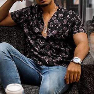 Men's Shirt Fruit Pineapple Turndown Black Blue Dusty Blue Coffee 3D Print Outdoor Street Short Sleeves Button-Down Print Clothing Apparel Fashion Designer Casual Breathable miniinthebox