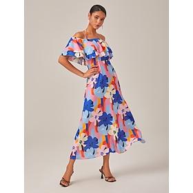 Abstract floral pattern, one-shouldered, frilled hem, elegant long dress style.