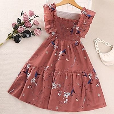 Kids Girls' Dress Flower Casual Dress Above Knee Dress Casual Off Shoulder Sleeveless Active Dress 5-12 Years Summer Brown Lightinthebox
