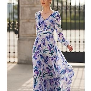 A-Line Mother of the Bride Dress Formal Wedding Guest Elegant Vintage V Neck Ankle Length Chiffon Polyester Long Sleeve with Ruched Flower 2024 Lightinthebox