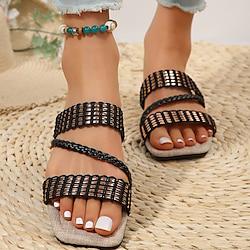 Women's Sandals Boho Bohemia Beach Daily Beading Low Heel Square Toe Fashion PU Loafer Black Lightinthebox