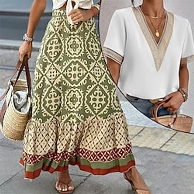 Women's Matching Sets T shirt Tee Swing Skirt Outfit 2pcs Bohemian Floral Causal Short Sleeve Summer Spring V Neck 2 Piece Print Lightinthebox