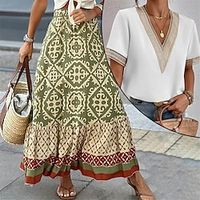 Women's Matching Sets T shirt Tee Swing Skirt Outfit 2pcs Bohemian Floral Causal Short Sleeve Summer Spring V Neck 2 Piece Print Lightinthebox - thumbnail