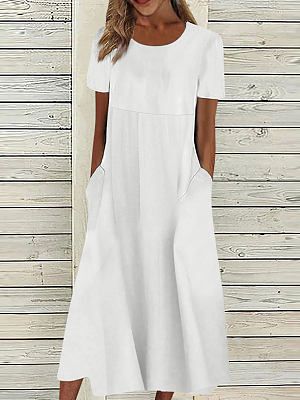 Round Neck Loose Floral Solid Color Vacation Short Sleeve Midi Dress
