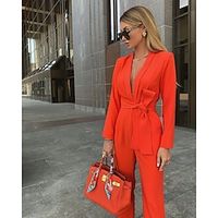 Women's Romper Solid Color Deep V Casual Going out Straight Regular Fit Long Sleeve Bishop Sleeve Red XL All Seasons miniinthebox